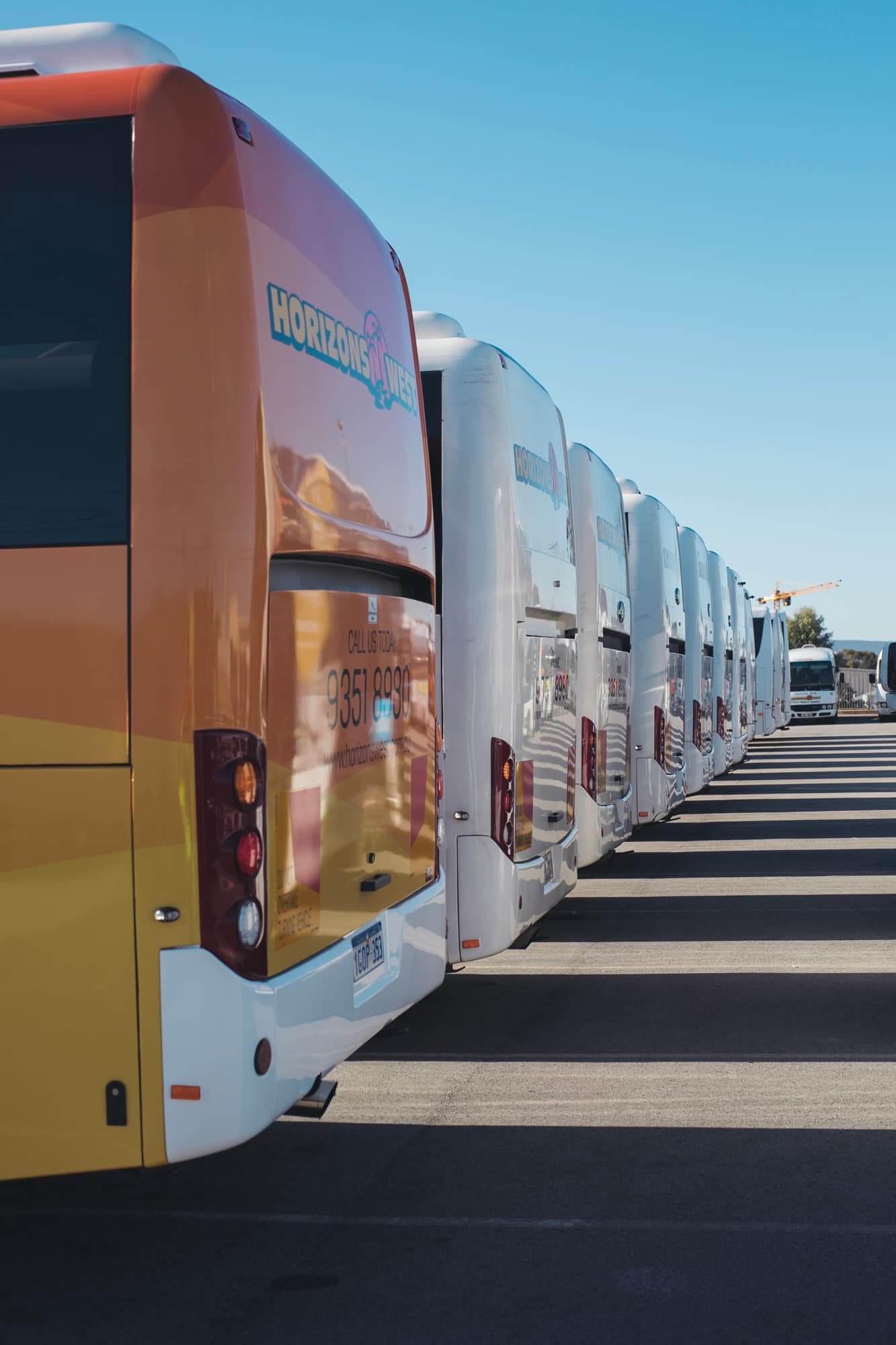 Rear view of Horizons West coaches parked in a row at the depot