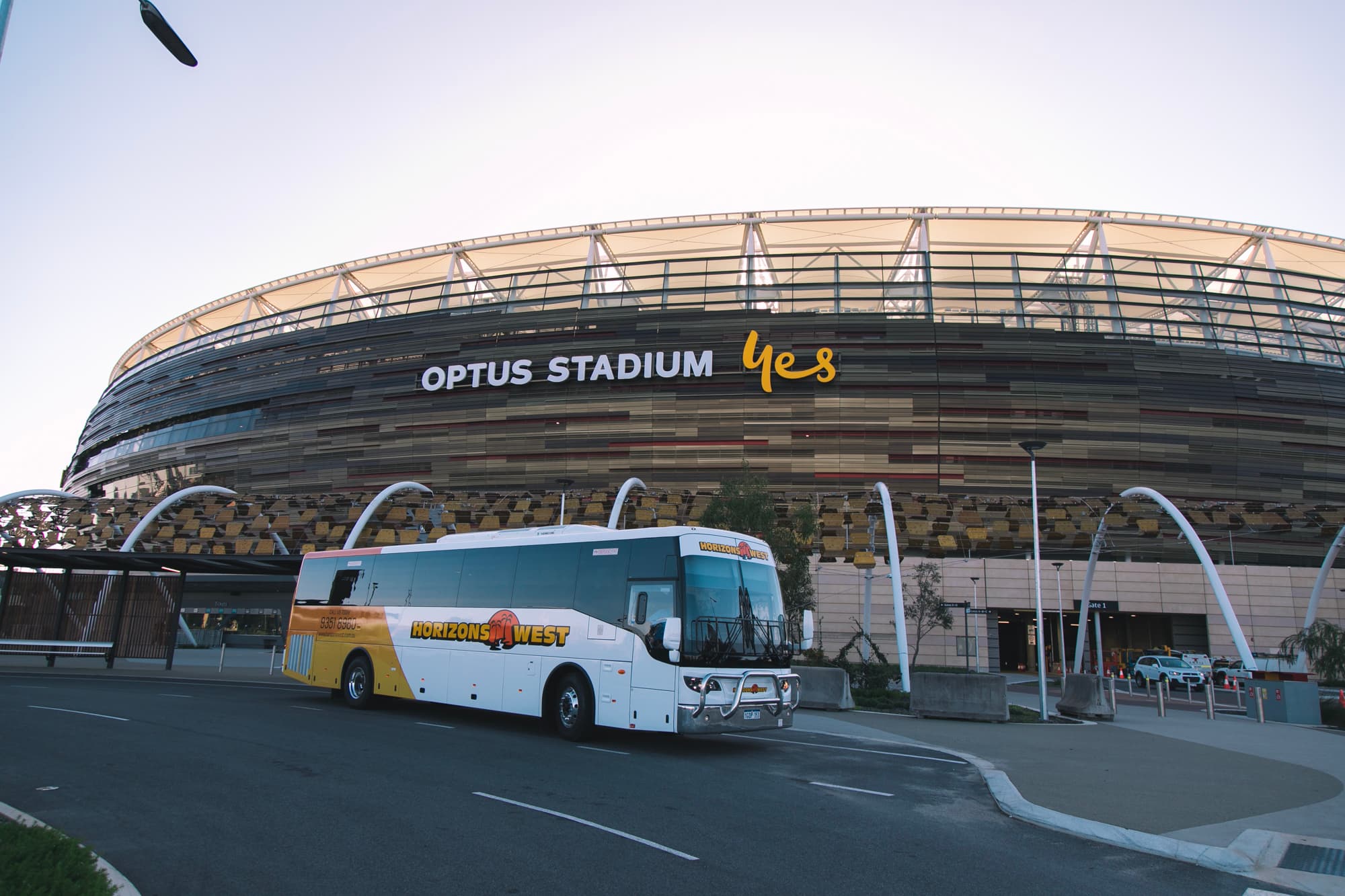 Horizons West coach outside Optus Stadium on event day