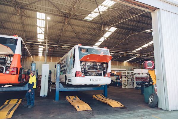 Bus getting repaired in the horizons west service shop